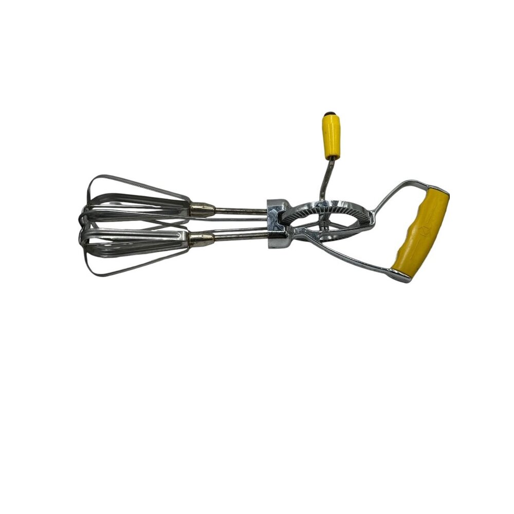 Vintage Hand Crank Egg Beater With Yellow Handle And Chrome Finish